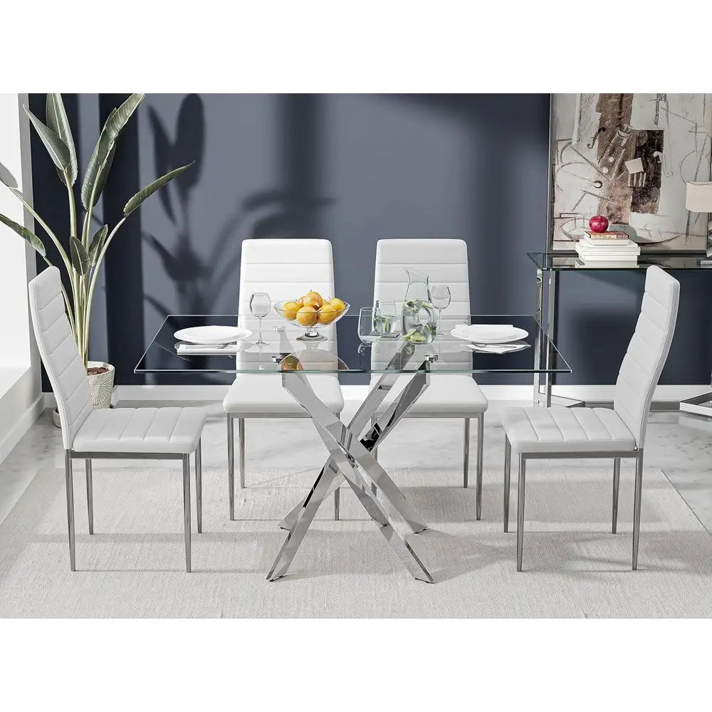 5-Piece Glass Dining Set with Upholstered Chairs or 4-Seat Kitchen Table in Silver with White Chairs