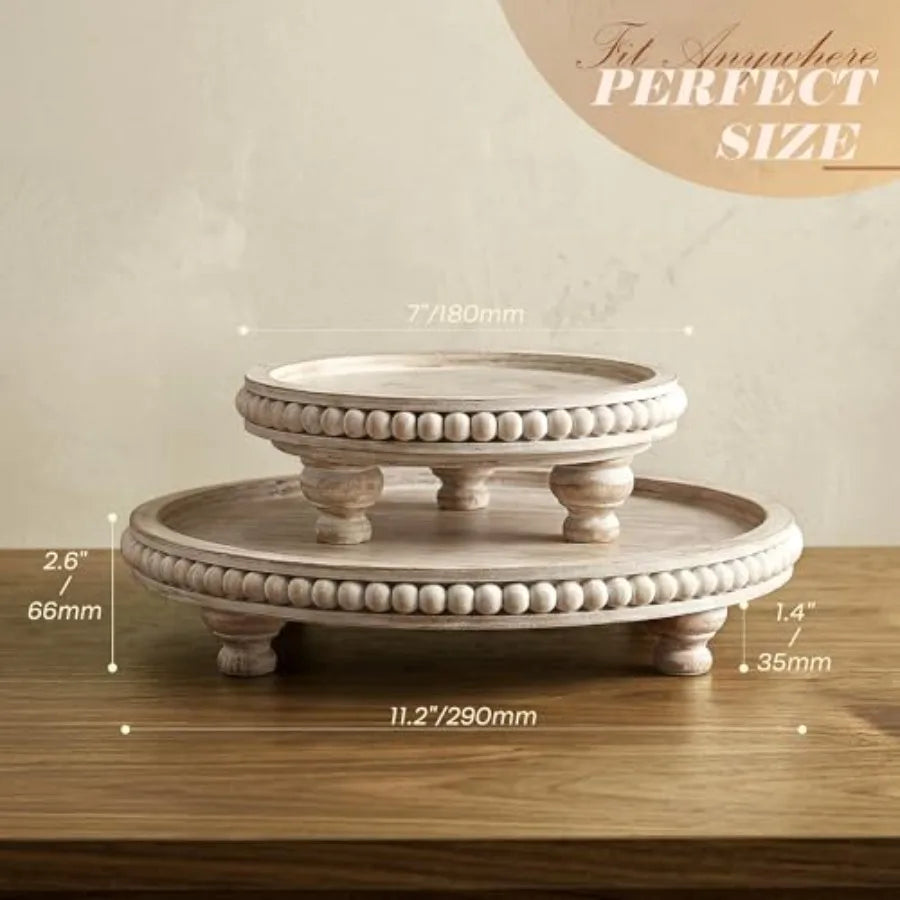 Round Pine Wooden Display Riser Set of 2 for Home Decor - Beaded Pedestal Stand for Bathroom and Coffee Table - Decorative Tray