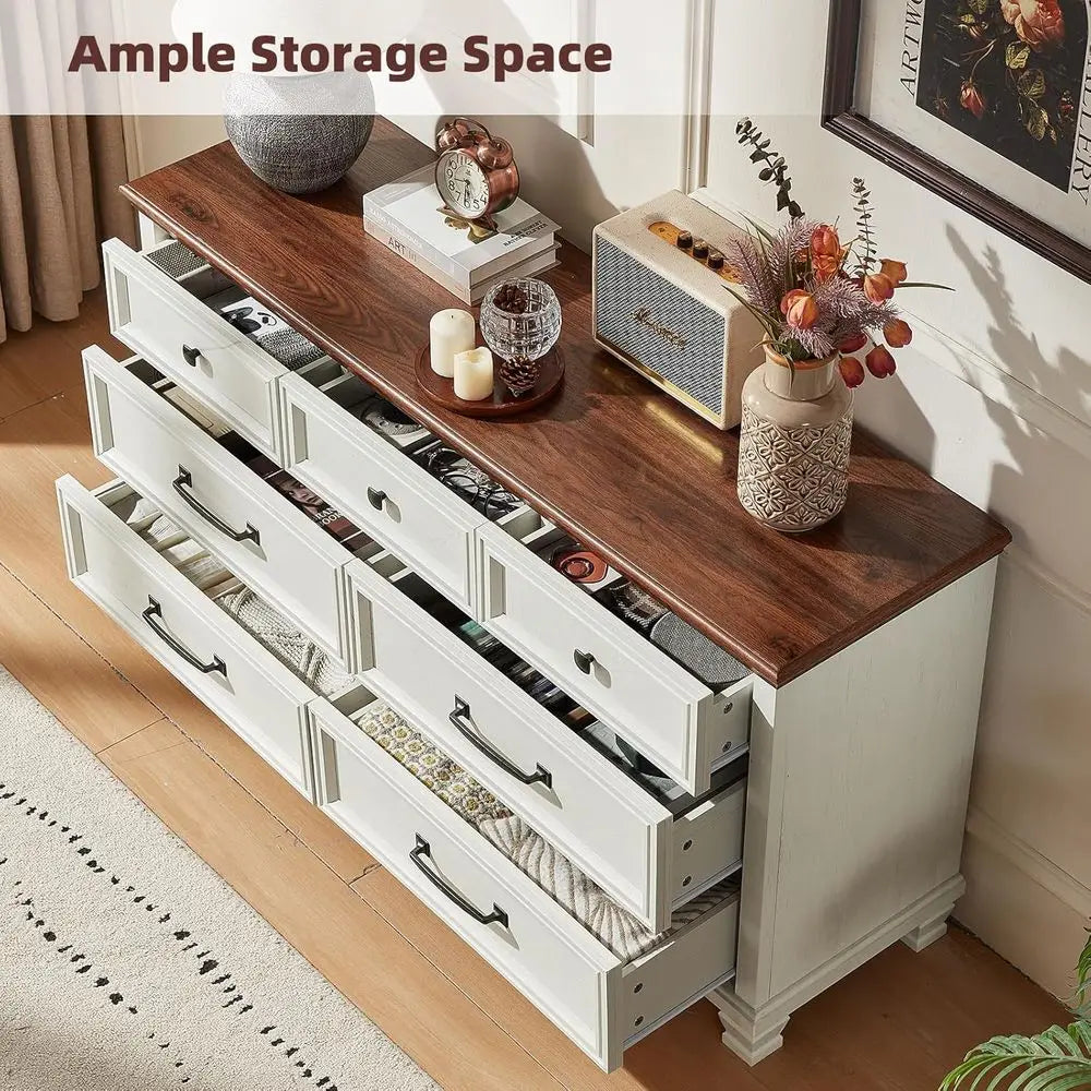 3-Piece Rustic White Wood Bedroom Furniture Set: 7-Drawer Dresser & 2-Drawer Nightstands