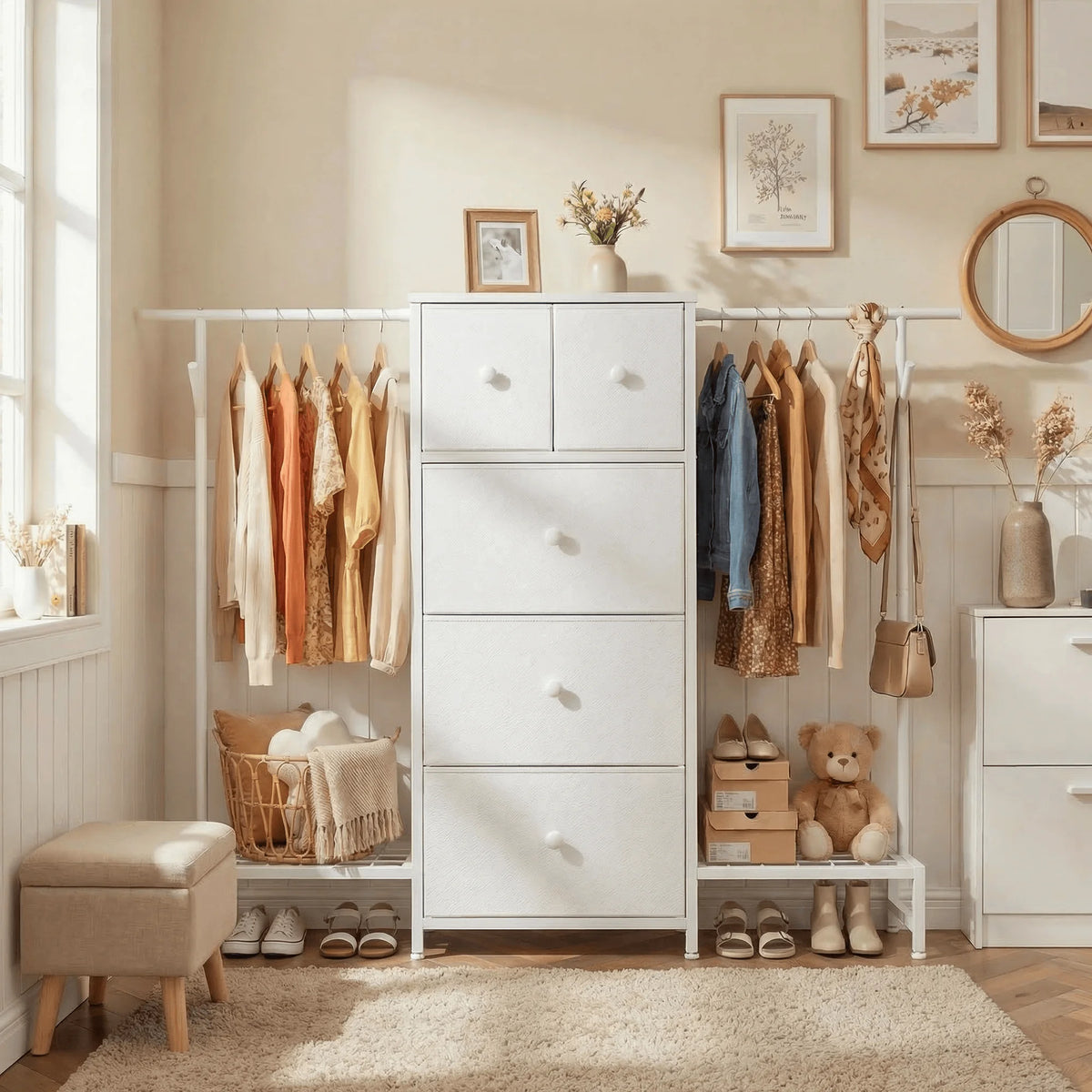 3-in-1 Dresser & Hanging Rack – 57.8" Wide with 5 Drawers & Shoe Rack, Side Hooks for Bedroom Storage and Walk-in closet