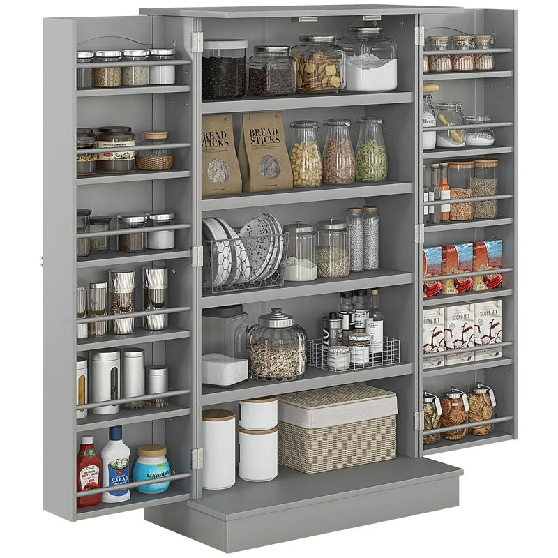 HOMCOM 41" Freestanding Kitchen Cabinet with Double Doors, 12 Shelves, 5-Tier Adjustable Storage, Paper Gray