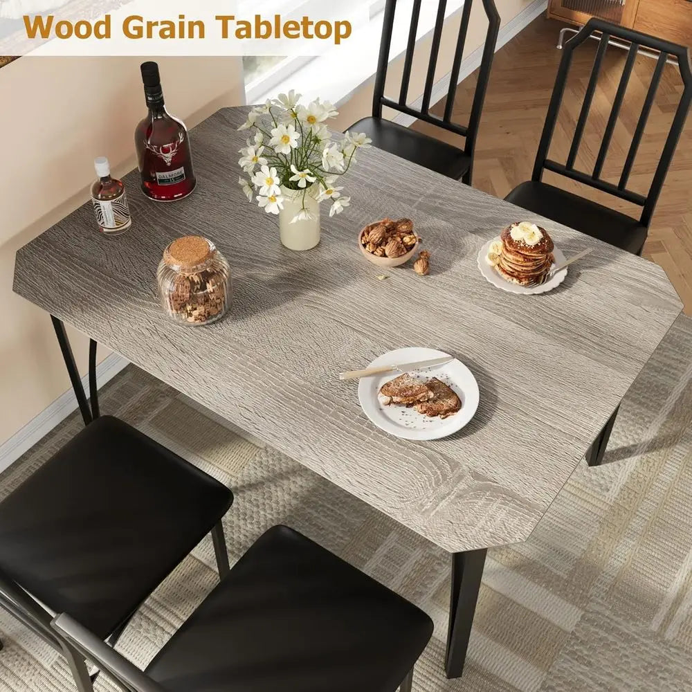 5-Piece Dining Table Set or 4, ern Kitchen Table with Chamered Design and Upholstered Chairs, Leather-Cushioned Seats or Small S
