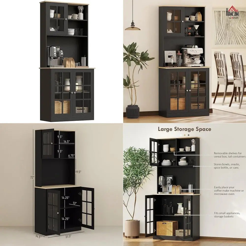 Kitchen Pantry Storage Cabinet, 72 Freestanding Cabinet with Hutch, Large Countertop, Glass Doors and Adjustable Shelves for Di