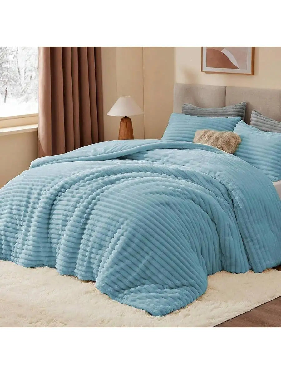 Fleece Comforter Set Super Soft Warm Fluffy Light Grey Bedding With 1 Pillowcase