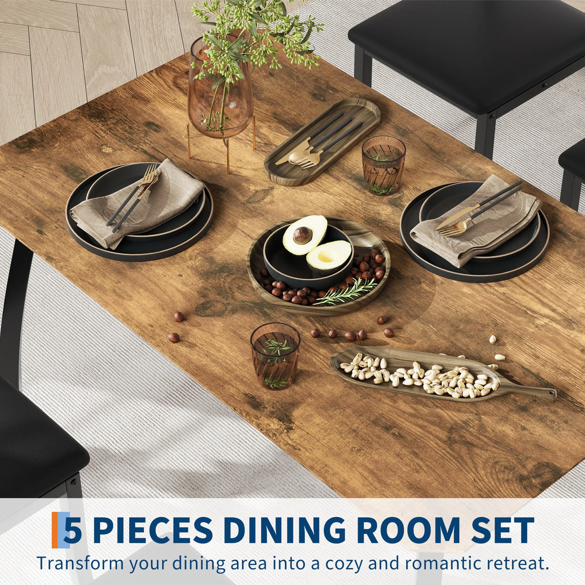 Square Dining Table Set for 4,5-Piece Kitchen Table Set,Farmhouse Compact Kitchen Table with 4 Upholstered Chairs & Metal Frame, Perfect for Small Spaces, Kitchens & Dining Rooms