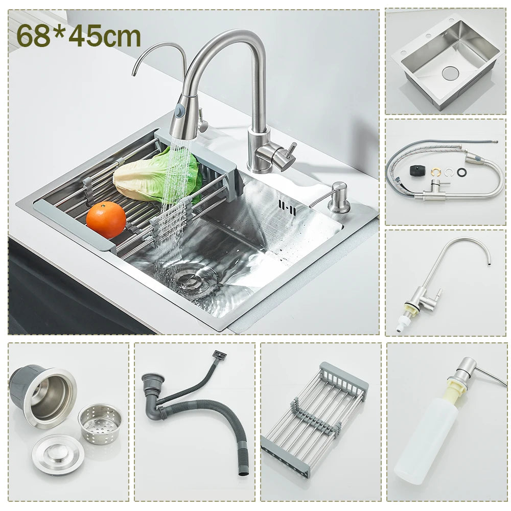 Stainless Steel Kitchen Sink Large Integrated Faucet Sink Dish Basin With Drain Basket Soap Dispenser/Pure Water/Cup Washer