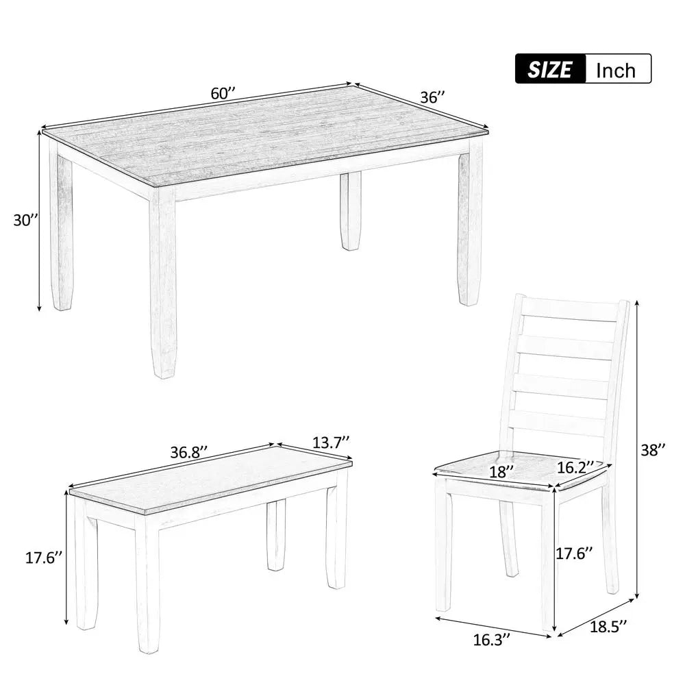 Solid Wood Dining Table Set for 6, Farmhouse Kitchen Table Set with Bench and Chairs, Rustic Dining Room Table and Chairs Set,