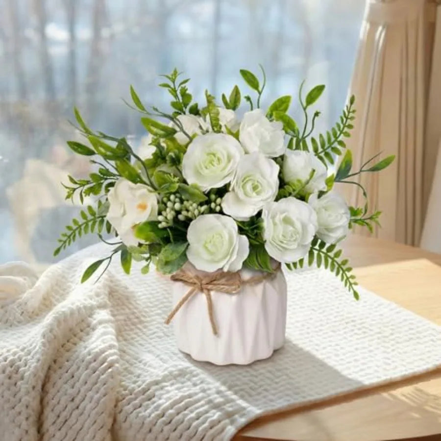 Faux Flowers with Vase, Artificial Silk Rose in Vase Silk Rose Artificial Flowers with Vase for Coffee Table Decor, Living Room