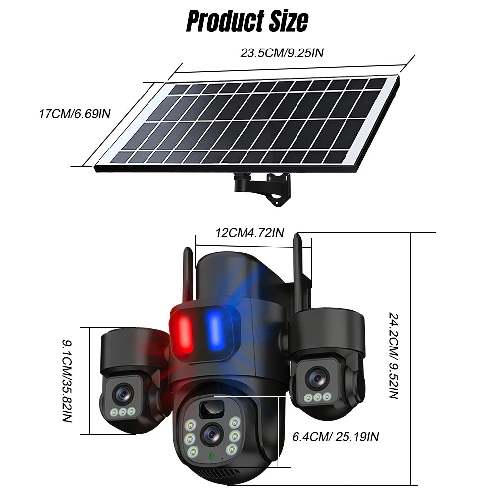 Solar Powered 3 Lens Security Camera Wireless WiFi PTZ Camera 3 Screen Full Color Night Vision Motion Detection Sound Light Alarm Outdoor Surveillance Camera