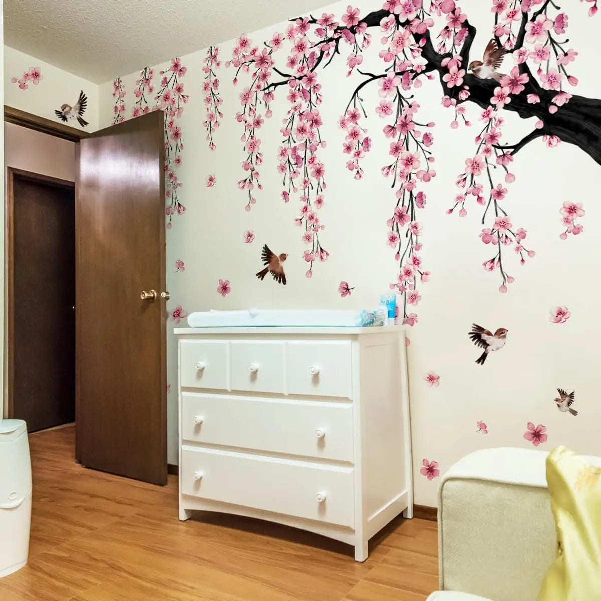 Large Cherry Blossom Tree Wall Decals Peel and Stick Pink Floral Wall Art Stickers for Living Room Bedroom