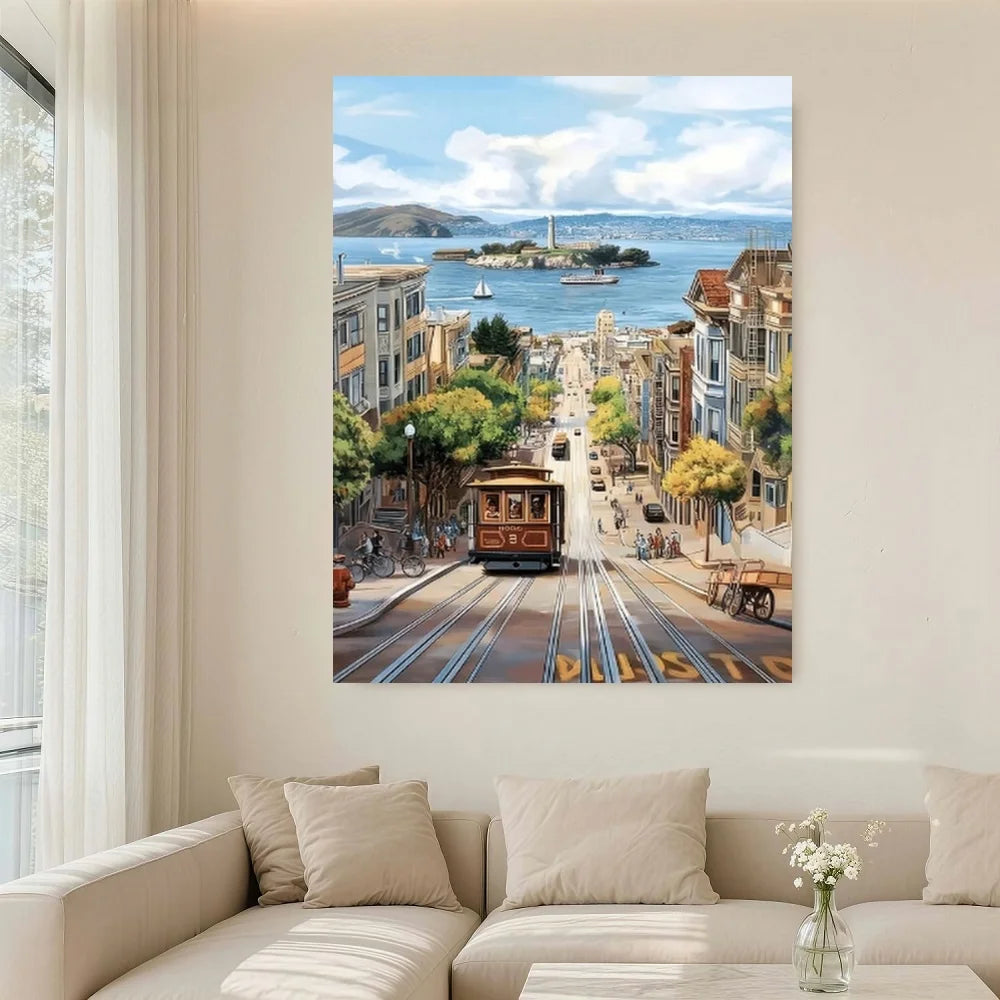 Framed 2D Flat 1pc San Francisco Cable Car Canvas - Modern Minimalist Poster With En Gate Bridge & Cable Cars, Wrapped Canvas Fr