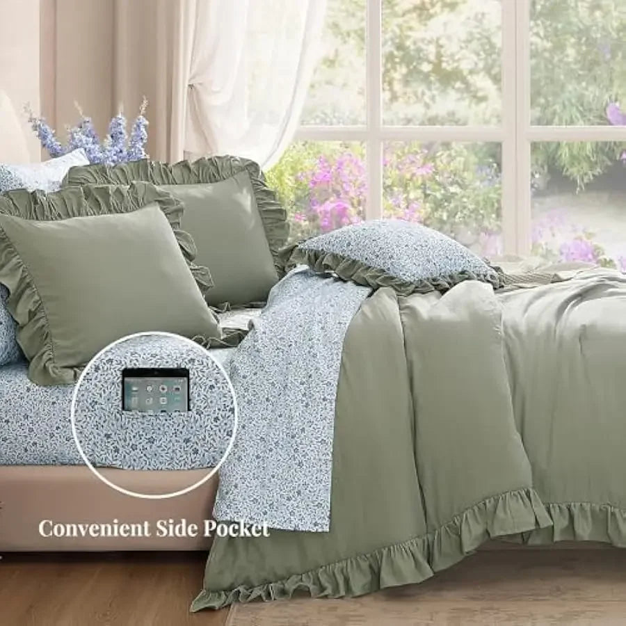 BLOOMHAVEN Queen Comforter Set - 7 Pieces Ruffle Sage Green Bedding Sets, Shabby Chic Farmhouse Bed in a Bag Queen with Ruffle C