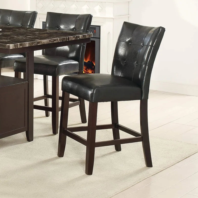 6pc Counter Height Dining Set with Storage Table, 4 High Chairs, 1 Bench, Black Faux Leather Tufted Seats, Faux Marble Top