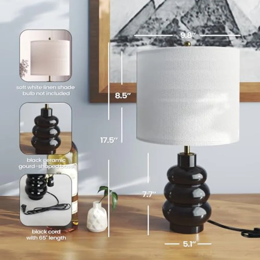 17.5" Black Ceramic Gourd Table Lamps Set of 2 Touch Control Farmhouse Lamps for Nightstand Living Room Small Rustic Bedside La