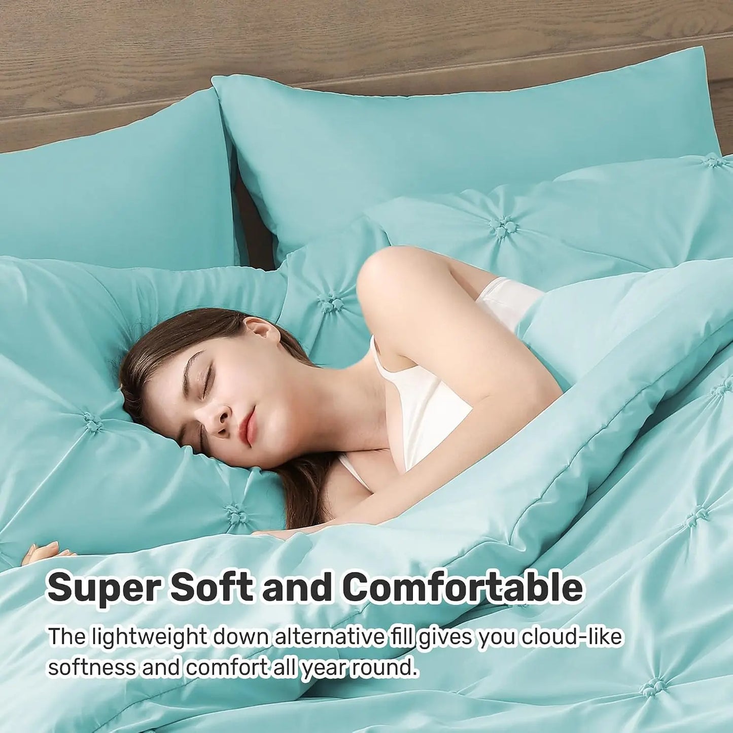 King Size Comforter Set Aqua Blue - Ultra Soft Boho Pinch Pleat Down Alternative Bedding 3 Pieces Lightweight Warm All Seasons