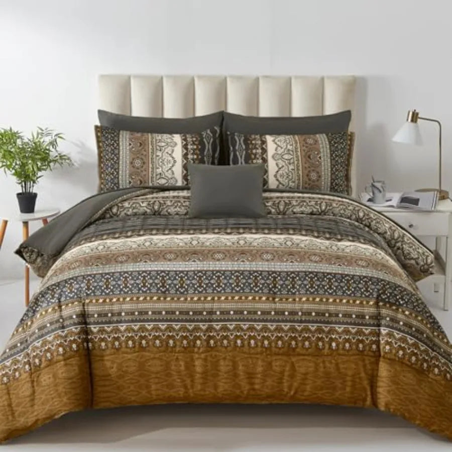 Boho Comforter Set 8 Pieces Black Bohemian Comforter Paisley Bed in A Bag Soft Microfiber Bedding Set for All Season