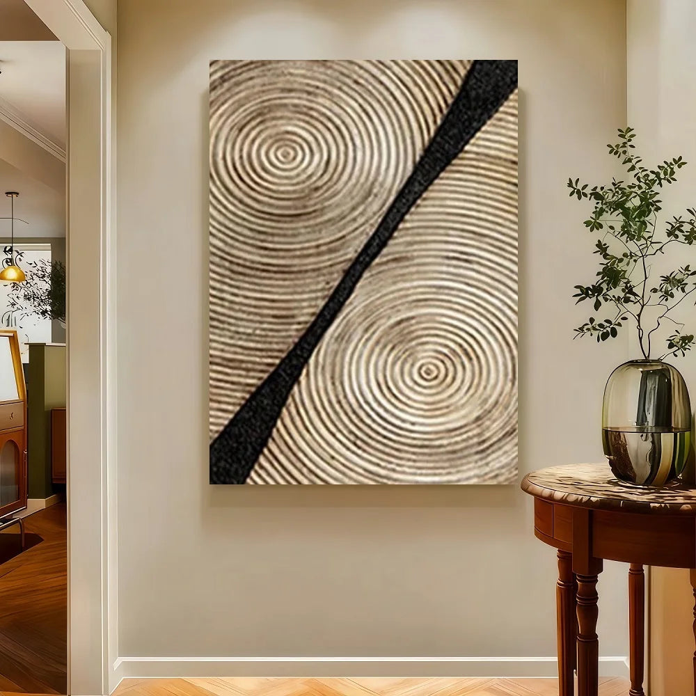 Framed Retro Wood Grain Abstract Canvas Wall Art Minimalist Black Golden Line Texture Wall Decor Pictures Neutral Geometric Beig