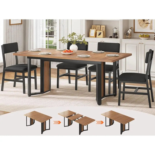5-Piece Dining Table Set or 4-6 People, 63" Exble Kitchen Table and 4 Cushion Chairs, Dining Room Table with MD Board & Metal e