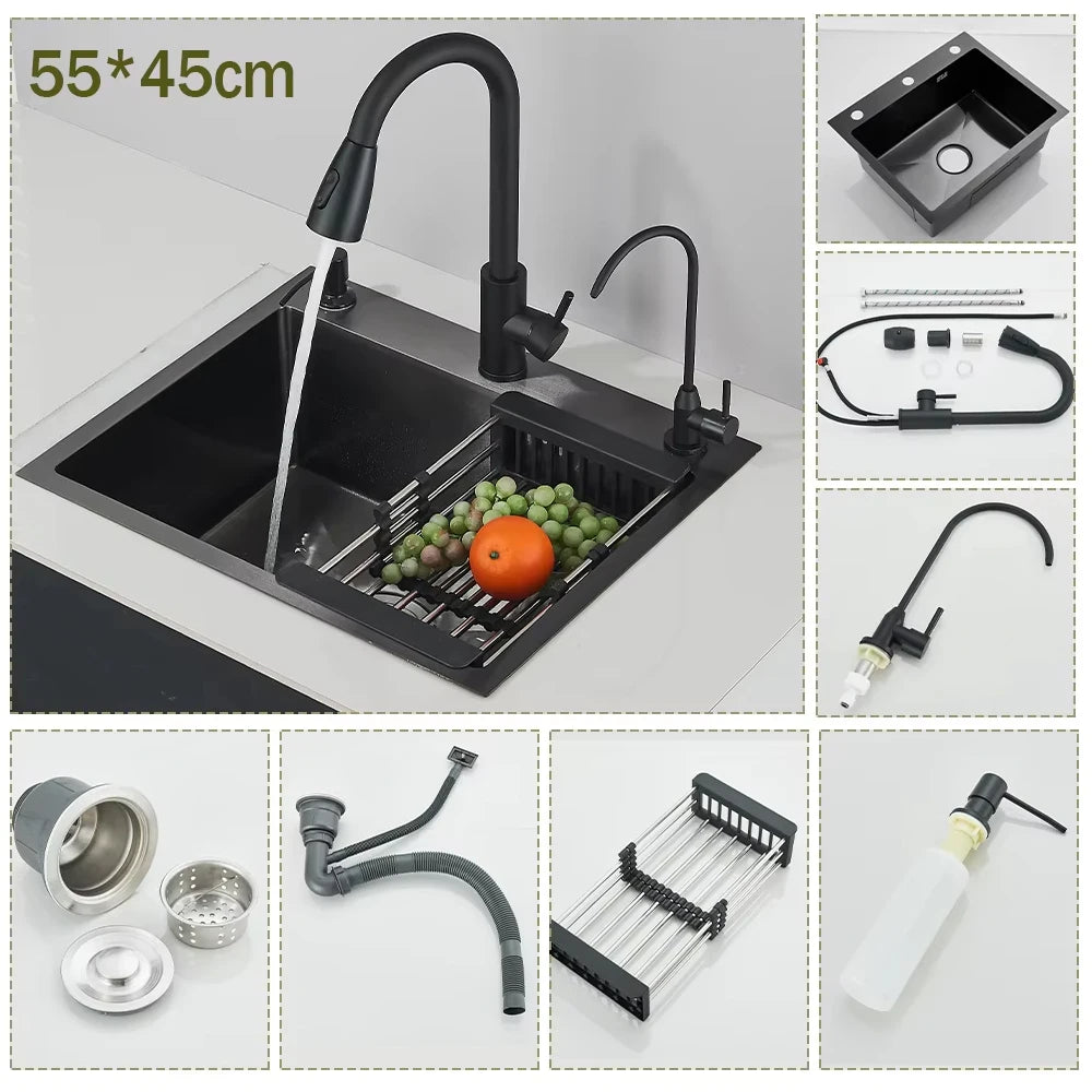 Stainless Steel Kitchen Sink Large Integrated Faucet Sink Dish Basin With Drain Basket Soap Dispenser/Pure Water/Cup Washer