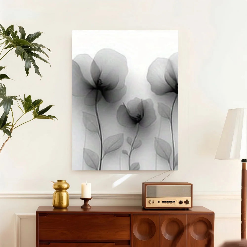 2D Flat, Modern Black & White Abstract Line Flower - Black & White Wood Framed Canvas Wall Art With Wrap-Around Frame, Minimalis