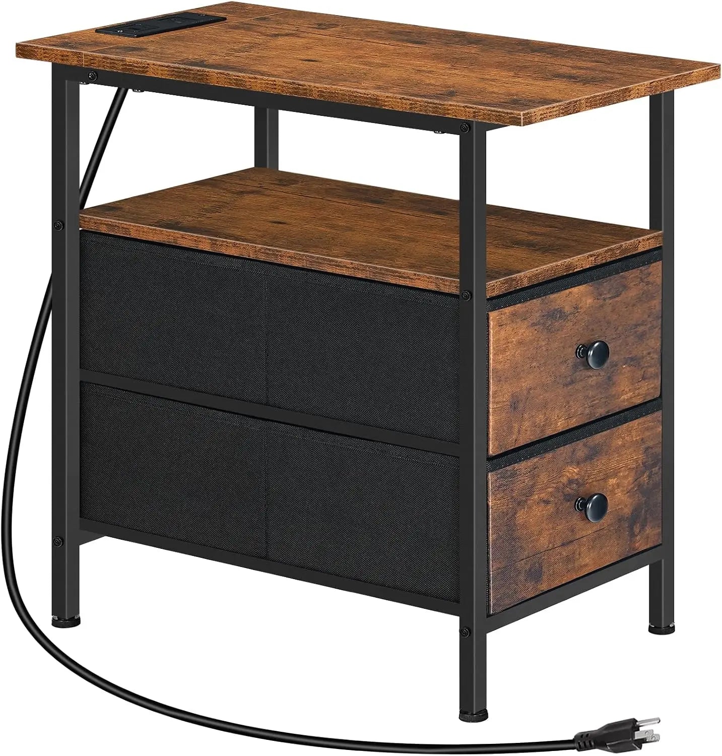 Narrow End Table with Charging Station, 2 Drawers, Nightstand for Small Spaces, Living Room, Bedroom, Rustic Brown & Black