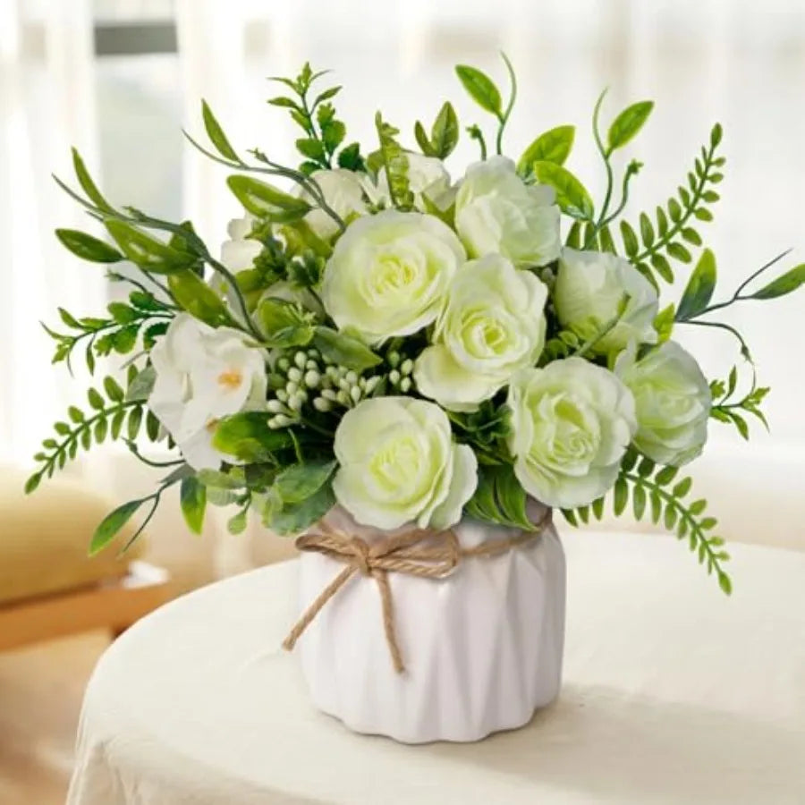 Faux Flowers with Vase, Artificial Silk Rose in Vase Silk Rose Artificial Flowers with Vase for Coffee Table Decor, Living Room