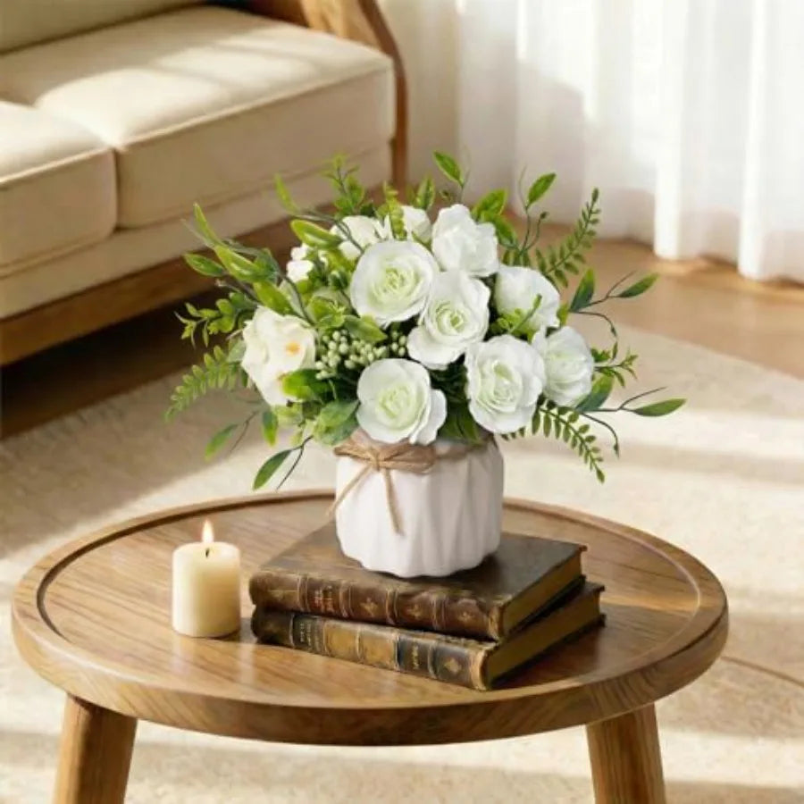 Faux Flowers with Vase, Artificial Silk Rose in Vase Silk Rose Artificial Flowers with Vase for Coffee Table Decor, Living Room