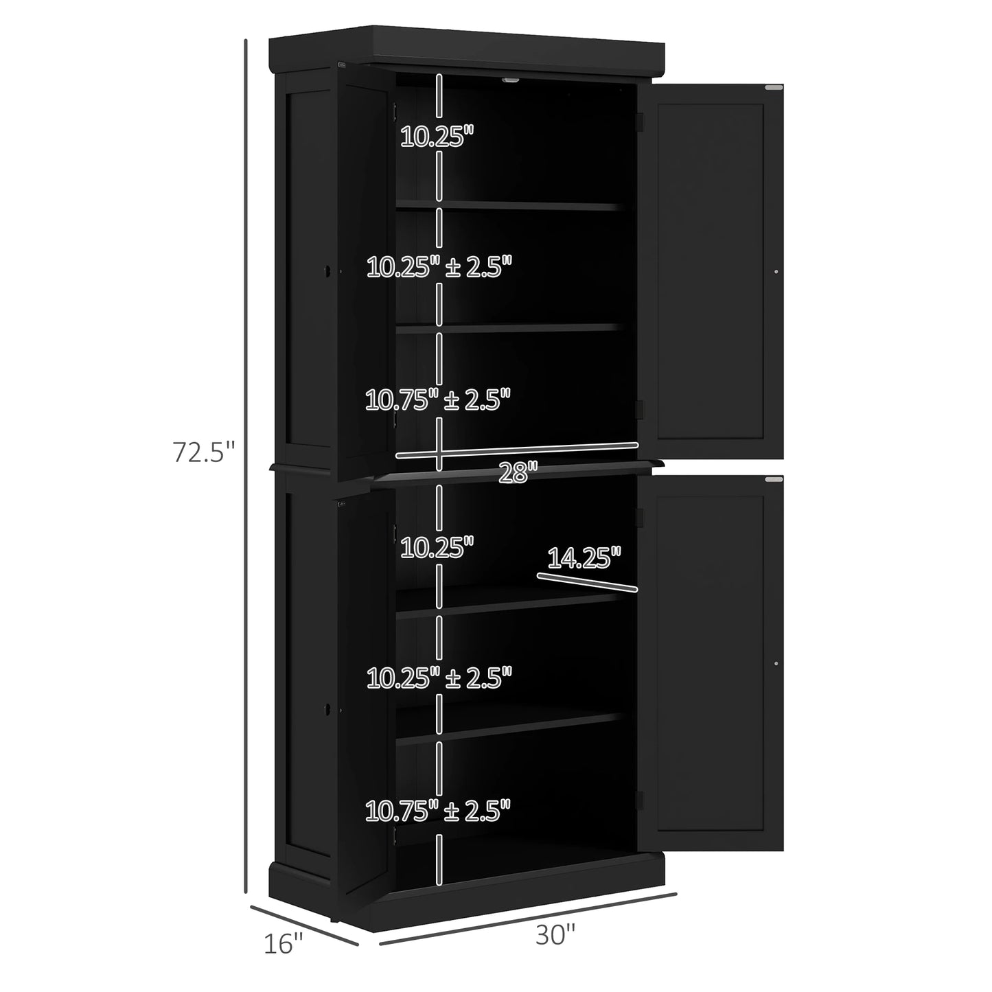HOMCOM 72.5" Tall Kitchen Pantry Cabinet, Freestanding Modern Farmhouse Kitchen Storage Cabinet with 4 Doors and 2 Adjustable Shelves for Dining Room, Black