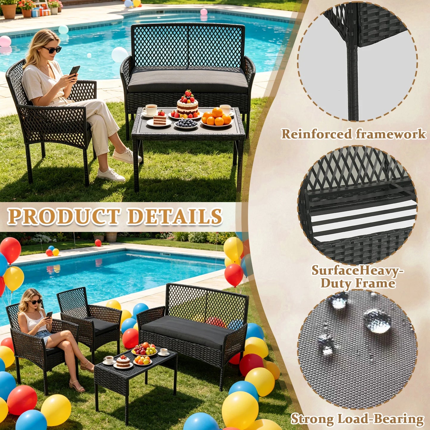 Outdoor Patio Furniture Set 4-Piece, Wicker Hollow-Out Conversation Sofa with Cushions & Coffee Table, All-Weather Patio Furniture for Backyard