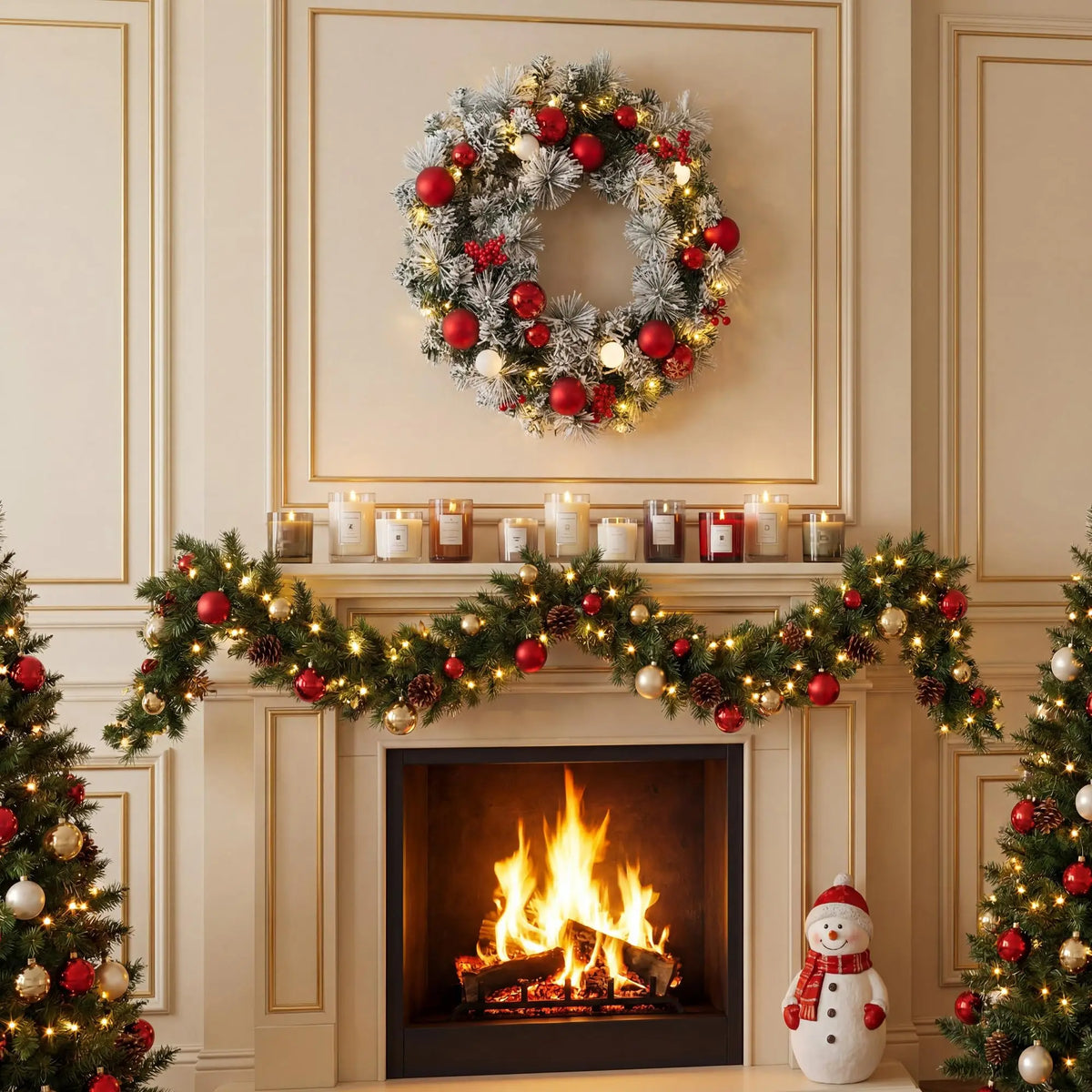 18/22/24in Pre-Lit Flocked Christmas Wreath With Red Ornaments Berries, Battery Warm White Led Snowy Pine Door Wall Mantel Decor