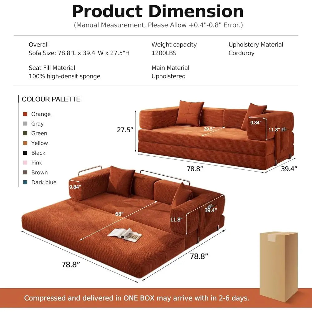 Orange Corduroy Sleeper Sofa with Armrest Pillow, Convertible Couch Bed for Living Room, Ready to Use in a Box