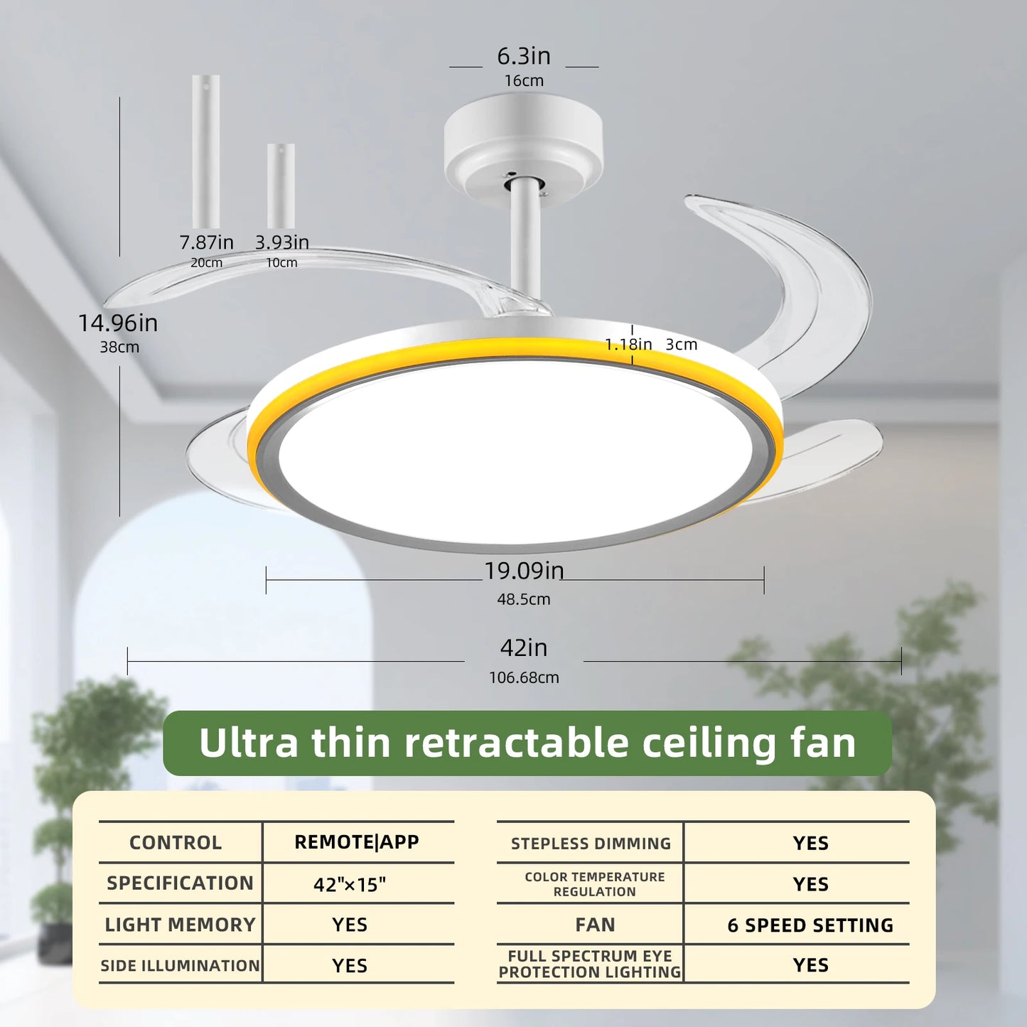 Slim Retractable Ceiling Fan With Light And App/Remote Control, 42Inch Modern Smart Ceiling Fan With Bluetooth Speaker, Dimmable Full Spectrum With Memory, 6-Speed Reversible Fan