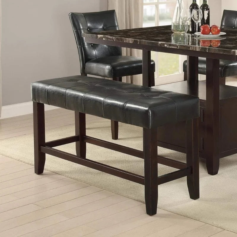 6pc Counter Height Dining Set with Storage Table, 4 High Chairs, 1 Bench, Black Faux Leather Tufted Seats, Faux Marble Top