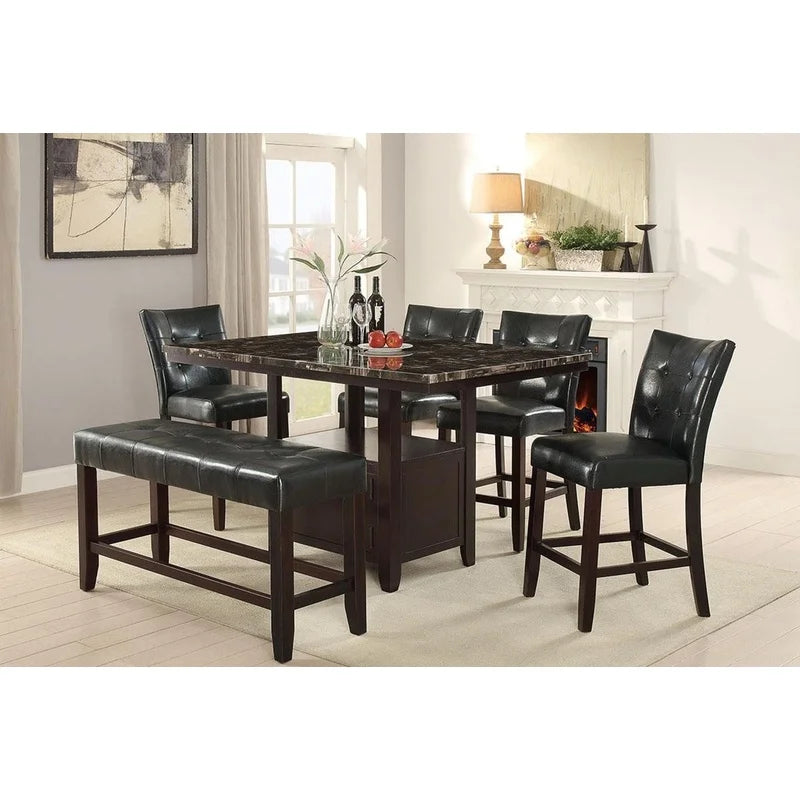 6pc Counter Height Dining Set with Storage Table, 4 High Chairs, 1 Bench, Black Faux Leather Tufted Seats, Faux Marble Top