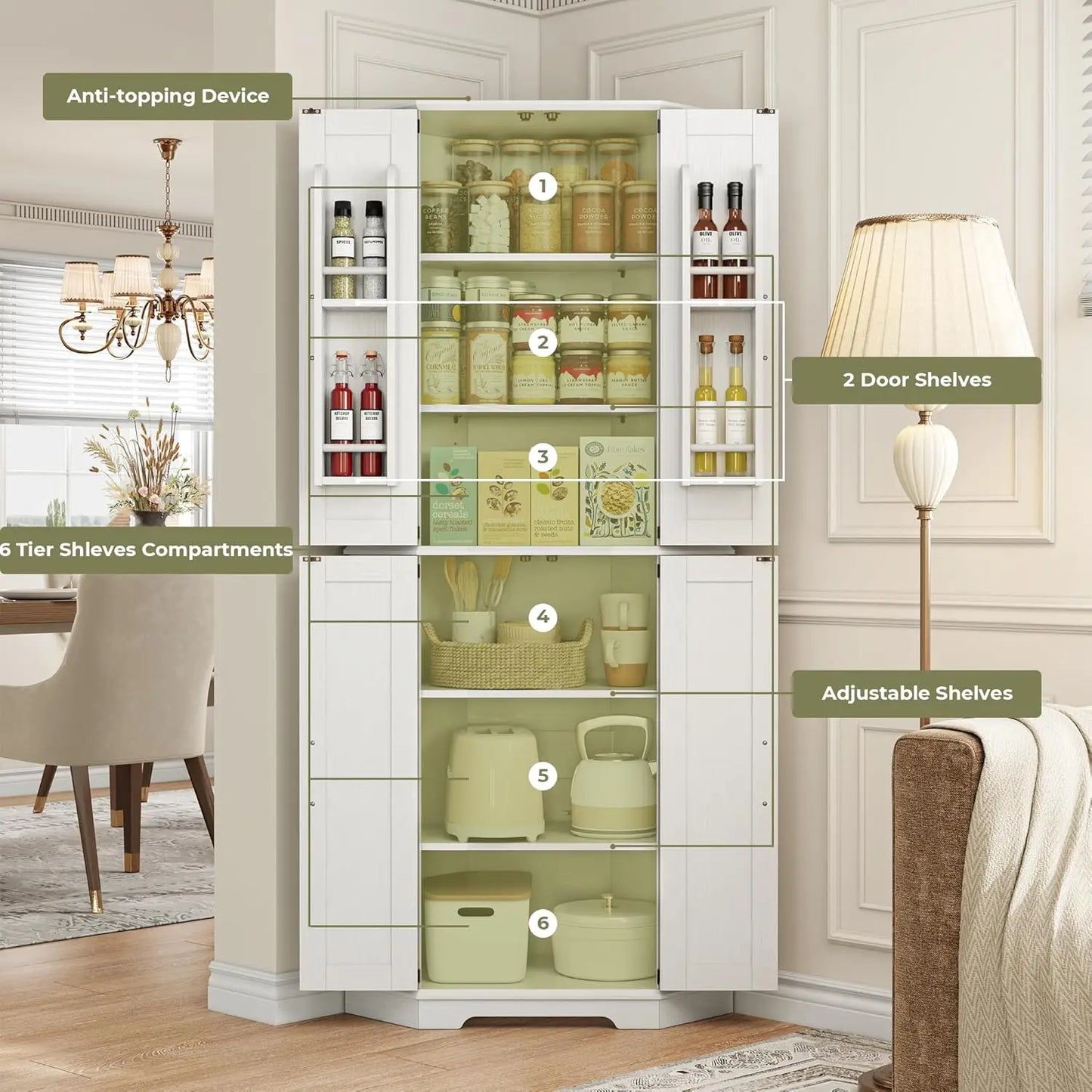 IRONCK Corner Cabinet, 72" Kitchen Pantry Cabinet, 6-Tier Freestanding Farmhouse Pantry with 2 Adjustable Shelves for Kitchen