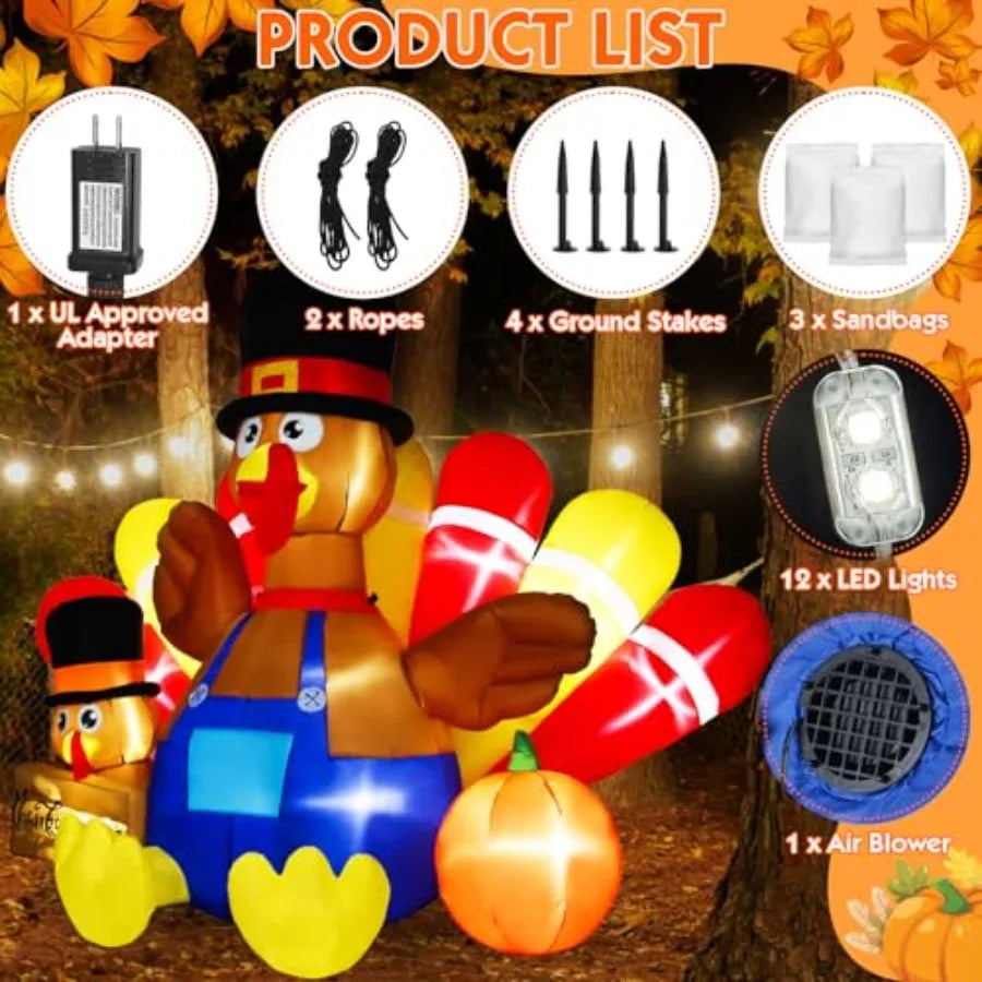 Thanksgiving Outdoor Inflatable Turkey Decoration, Vinyl, Brown, 7.5FT Tall With Built-in LED Light For Lawn And Indoor Use