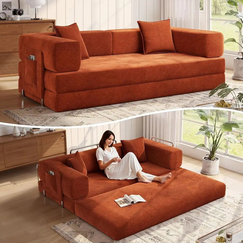 Orange Corduroy Sleeper Sofa with Armrest Pillow, Convertible Couch Bed for Living Room, Ready to Use in a Box