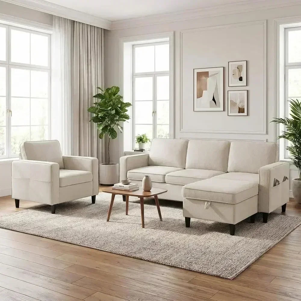 78" Width 3 Pieces L Shaped Soa Couches Sets or Living Room Sets urniture, Linen 4 Seater Small Sectional Living Room Soa Couch