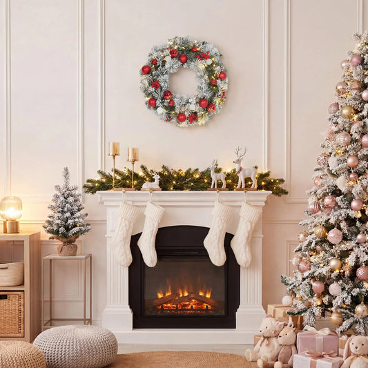18/22/24in Pre-Lit Flocked Christmas Wreath With Red Ornaments Berries, Battery Warm White Led Snowy Pine Door Wall Mantel Decor