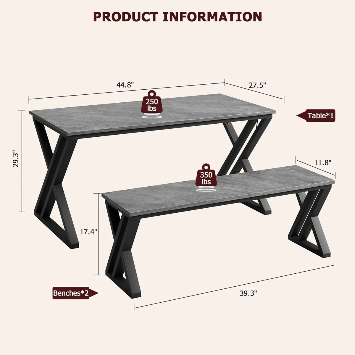 Kitchen Table Set with 2 Benches Space Saving Dining Room Table & Benches Sturdy Metal Frame Dinette Set for Home Grey