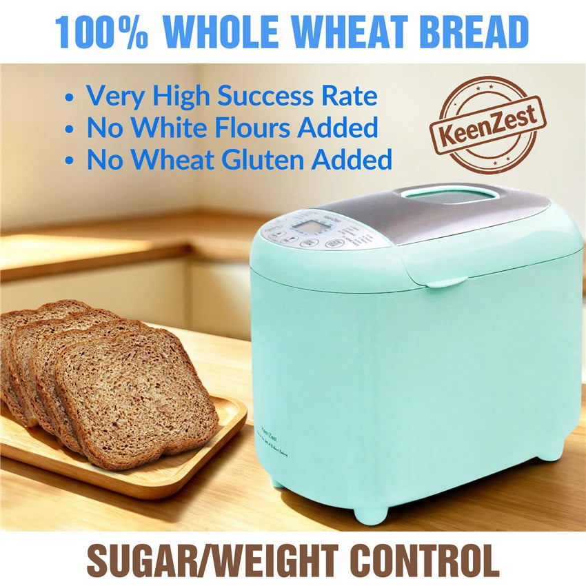 KeenZest 19-in-1 Mint Green Compact Bread Machine, 2LB Whole Wheat Breadmaker with Homemade Cycle, Gluten Free Setting & Recipes