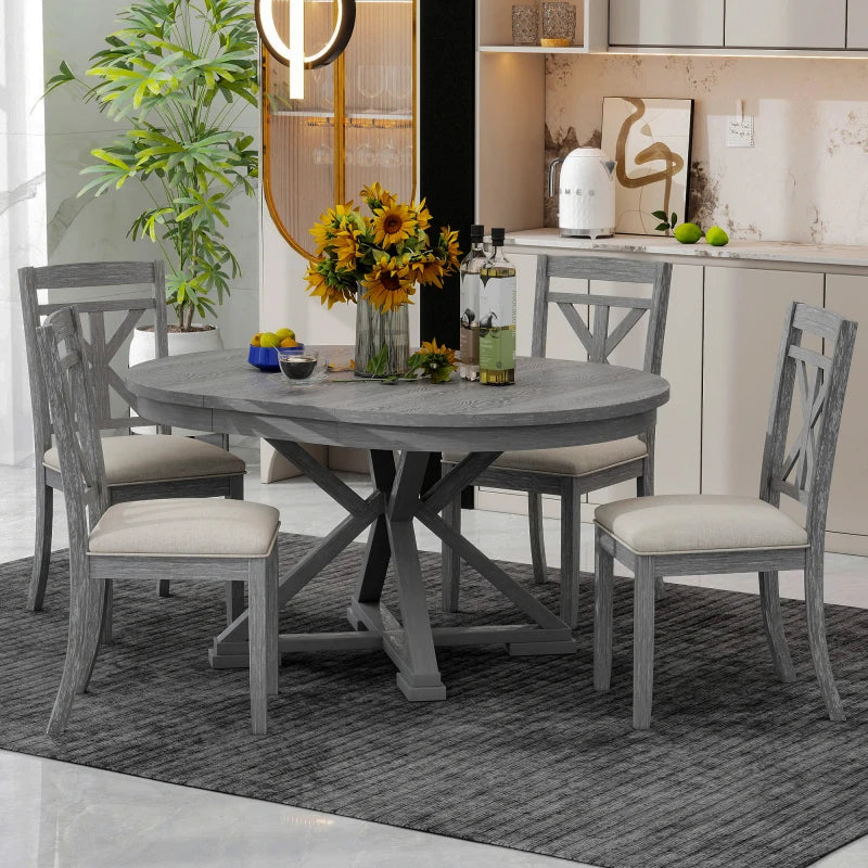5-Piece Retro Functional Dining Table Set Extendable Round Table and 4 Upholstered Chairs for Dining Room and Living Room (Grey)