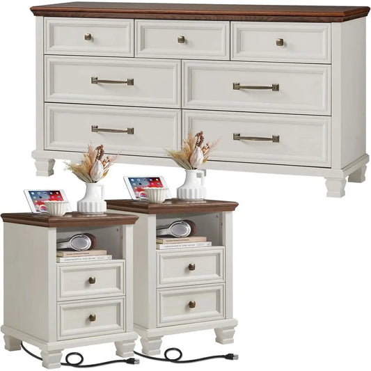 3-Piece Rustic White Wood Bedroom Furniture Set: 7-Drawer Dresser & 2-Drawer Nightstands
