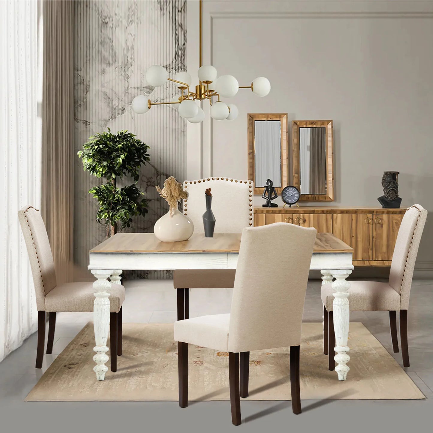 MCQ Dining Chairs Set of 2 Farmhouse Fabric Upholstered Kitchen Chairs with Wooden Legs and Padded Seat Modern Accent Chairs for Dining Room Kitchen Living Room