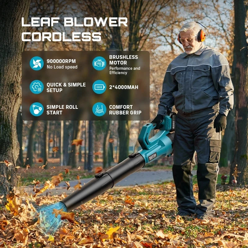 SEESII 900000RPM Brushless Electric Turbo Blower 780CFM Cordless Snow Leaf Blower for Snow Lawn Care Debris for Makita 18v Battery Pin