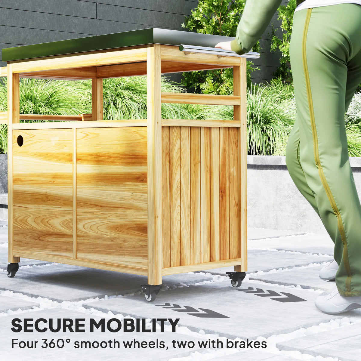 Grill Cart, Kitchen Island with Storage Cabinets, Natural Wood