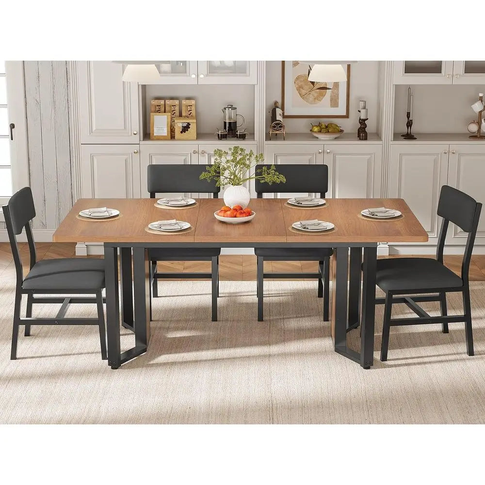 5-Piece Dining Table Set or 4-6 People, 63" Exble Kitchen Table and 4 Cushion Chairs, Dining Room Table with MD Board & Metal e
