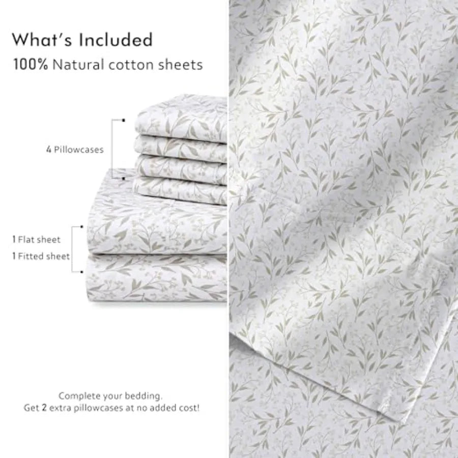 6 Pcs Cotton Sheets - 100% Natural Cotton Soft Lightweight and Breathable Crispy Percale Bed Sheets Sheet Set 16" Deep Pockets
