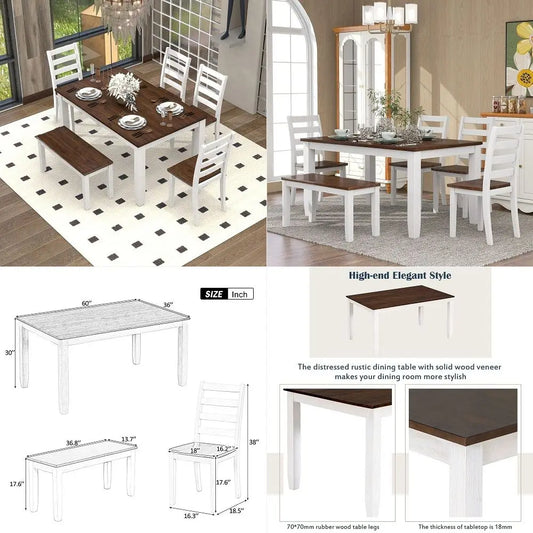 Solid Wood Dining Table Set for 6, Farmhouse Kitchen Table Set with Bench and Chairs, Rustic Dining Room Table and Chairs Set,