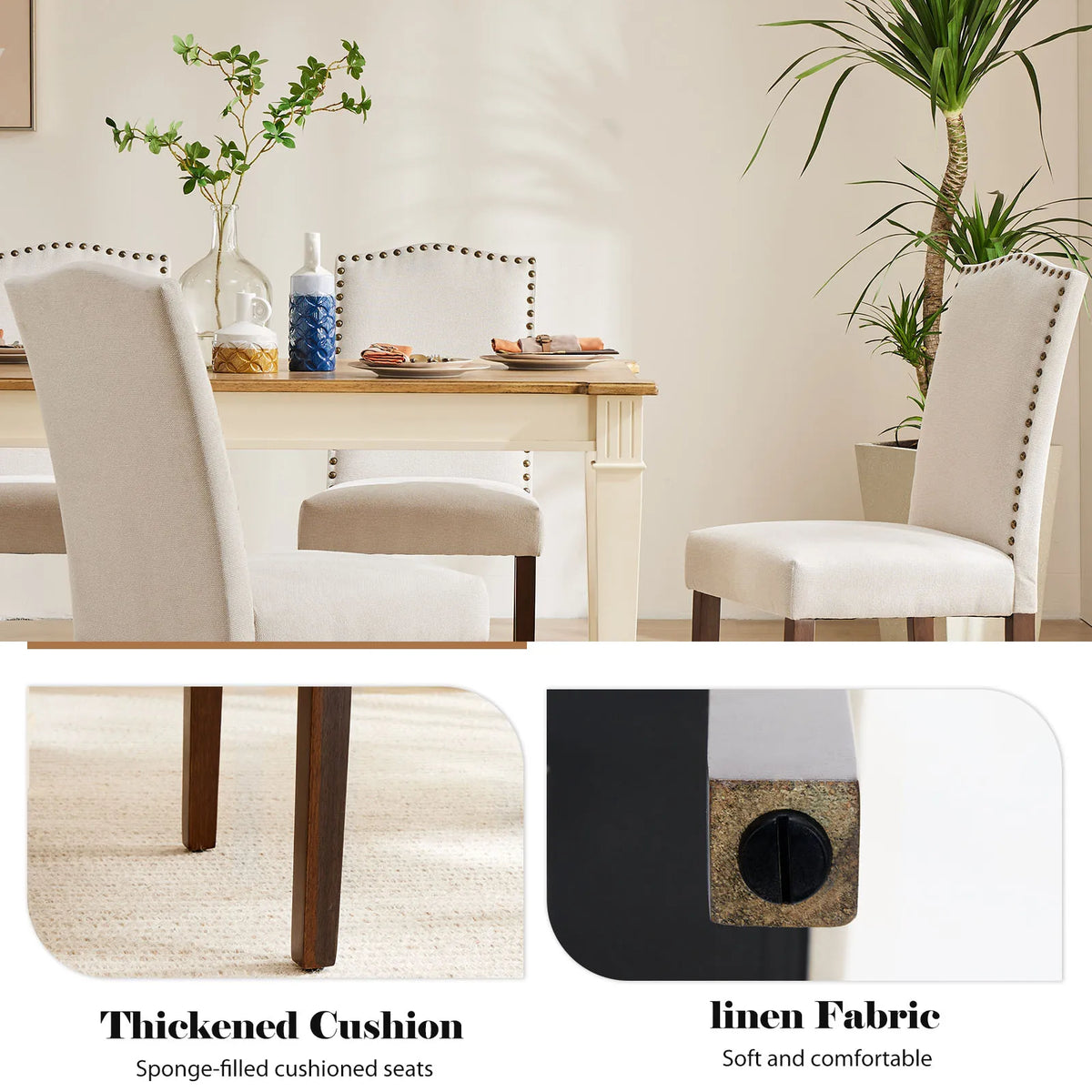 MCQ Dining Chairs Set of 2 Farmhouse Fabric Upholstered Kitchen Chairs with Wooden Legs and Padded Seat Modern Accent Chairs for Dining Room Kitchen Living Room
